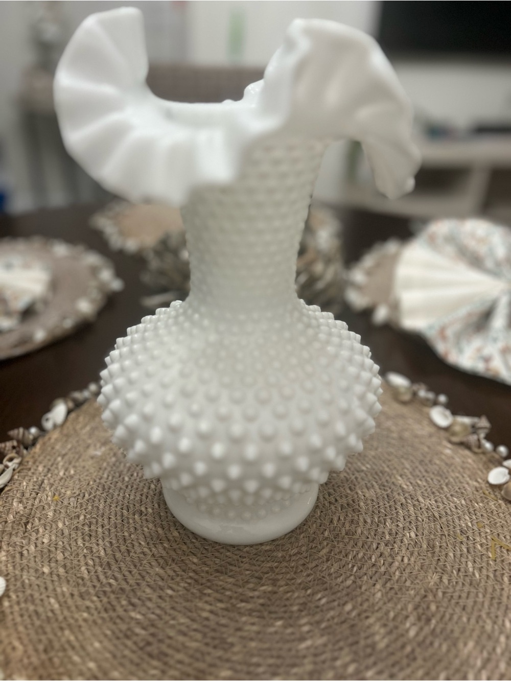 White Hobnail Ruffled Milk Glass Vase - Unbranded